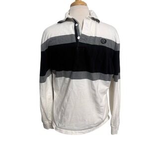 Denver Hayes Striped Long Sleeve Rugby Shirt White Black Grey Cotton Size Medium
